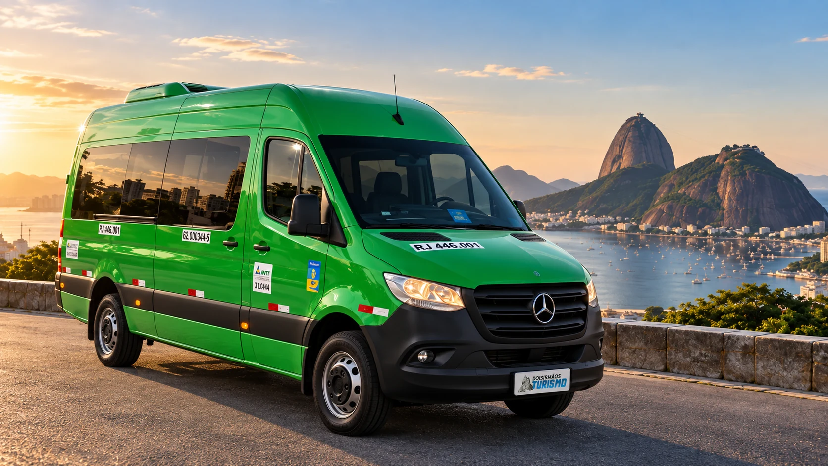 Van verde da Dois Irmãos Turismo com o Pão de Açúcar ao fundo